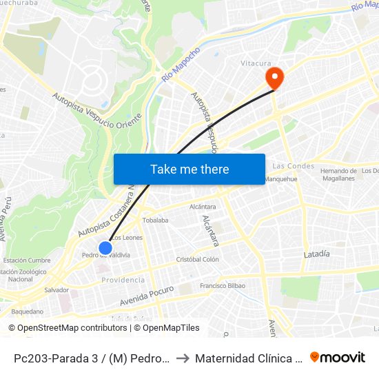 Pc203-Parada 3 / (M) Pedro De Valdivia to Maternidad Clínica Alemana map