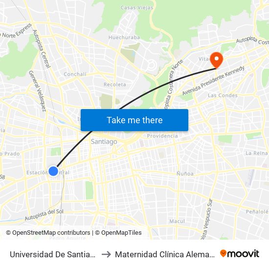 Universidad De Santiago to Maternidad Clínica Alemana map
