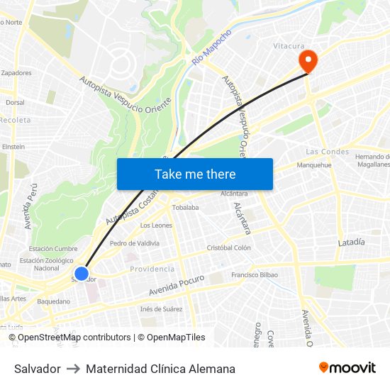 Salvador to Maternidad Clínica Alemana map