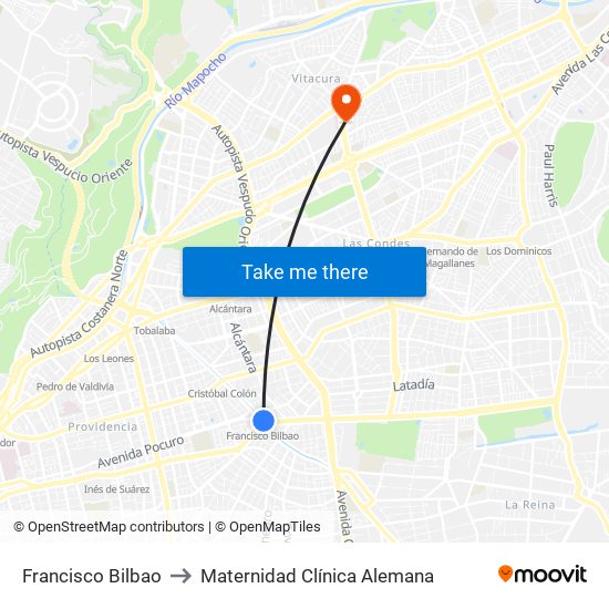 Francisco Bilbao to Maternidad Clínica Alemana map