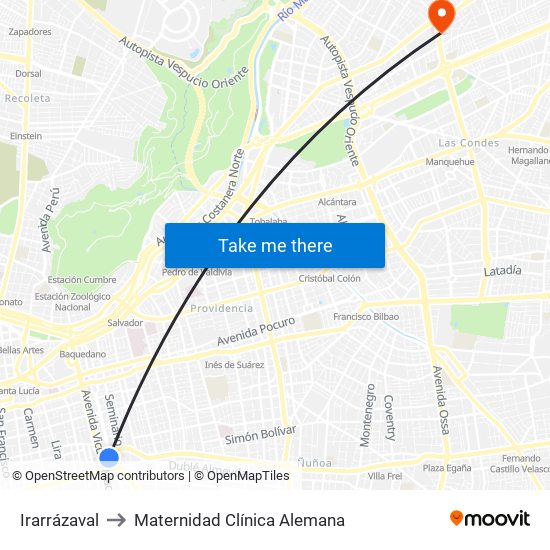 Irarrázaval to Maternidad Clínica Alemana map