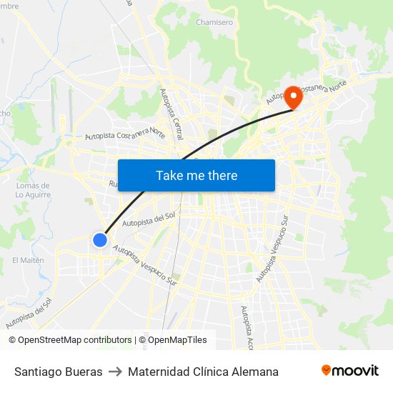 Santiago Bueras to Maternidad Clínica Alemana map