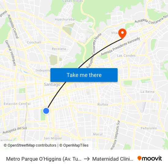 Metro Parque O'Higgins (Av. Tupper Esq. Av. Viel) to Maternidad Clínica Alemana map