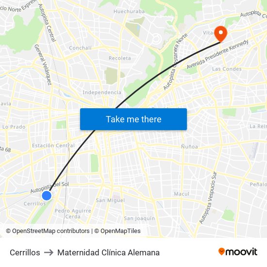 Cerrillos to Maternidad Clínica Alemana map