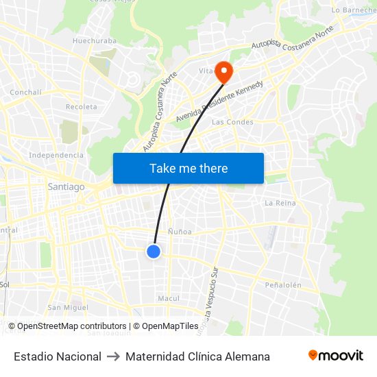 Estadio Nacional to Maternidad Clínica Alemana map