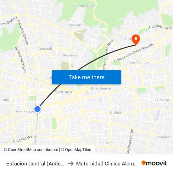 Estación Central (Anden1) to Maternidad Clínica Alemana map
