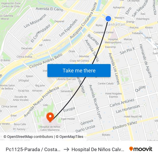 Pc1125-Parada / Costanera Center to Hospital De Niños Calvo Mackenna map