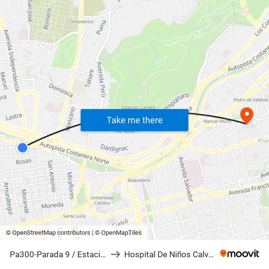 Pa300-Parada 9 / Estación Mapocho to Hospital De Niños Calvo Mackenna map