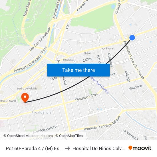 Pc160-Parada 4 / (M) Escuela Militar to Hospital De Niños Calvo Mackenna map