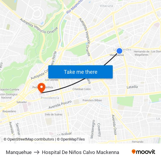 Manquehue to Hospital De Niños Calvo Mackenna map