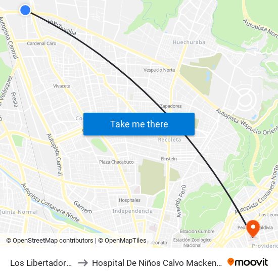 Los Libertadores to Hospital De Niños Calvo Mackenna map