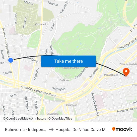 Echeverría - Independencia to Hospital De Niños Calvo Mackenna map