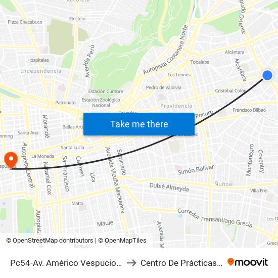 Pc54-Av. Américo Vespucio / Esq. Av. Cristóbal Colón to Centro De Prácticas Profesionales Udla map