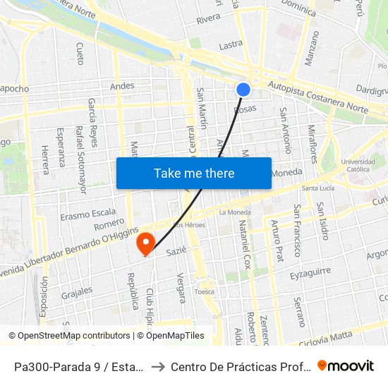 Pa300-Parada 9 / Estación Mapocho to Centro De Prácticas Profesionales Udla map