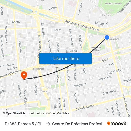 Pa383-Parada 5 / Plaza Italia to Centro De Prácticas Profesionales Udla map