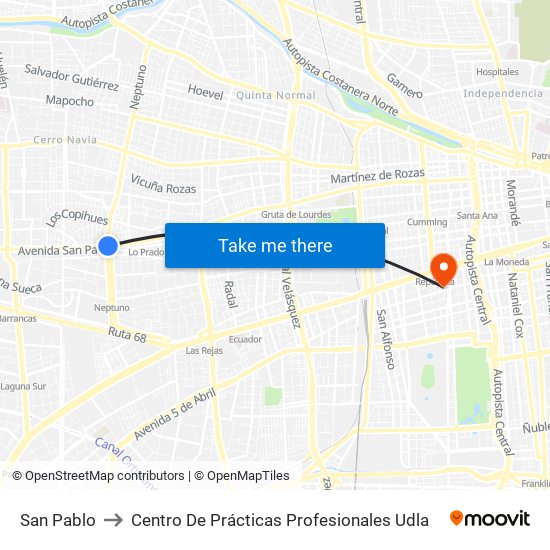 San Pablo to Centro De Prácticas Profesionales Udla map