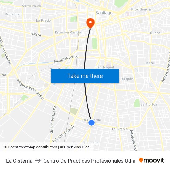 La Cisterna to Centro De Prácticas Profesionales Udla map