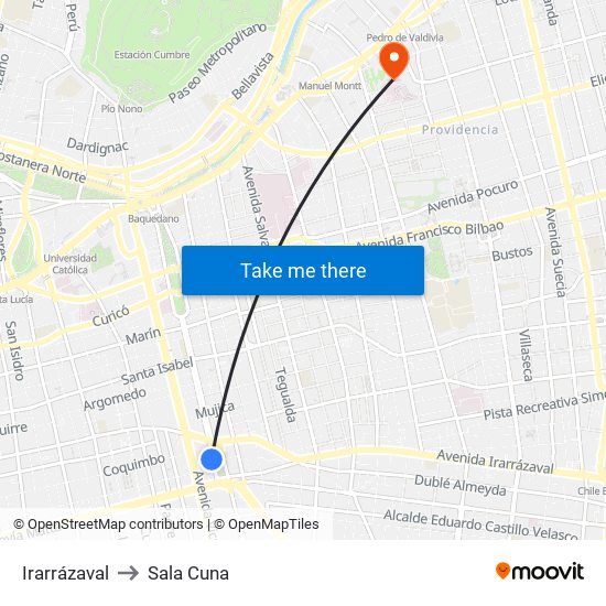 Irarrázaval to Sala Cuna map