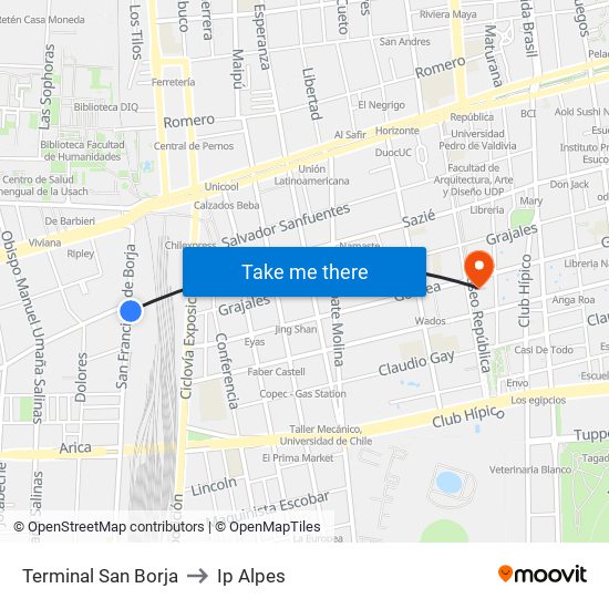 Terminal San Borja to Ip Alpes map
