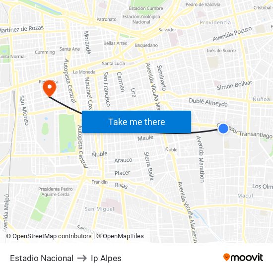 Estadio Nacional to Ip Alpes map