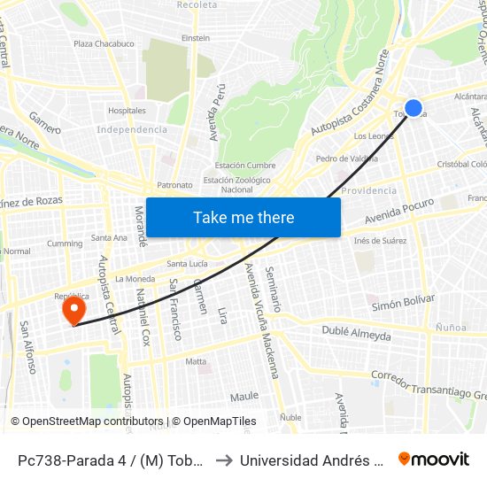 Pc738-Parada 4 / (M) Tobalaba to Universidad Andrés Bello map
