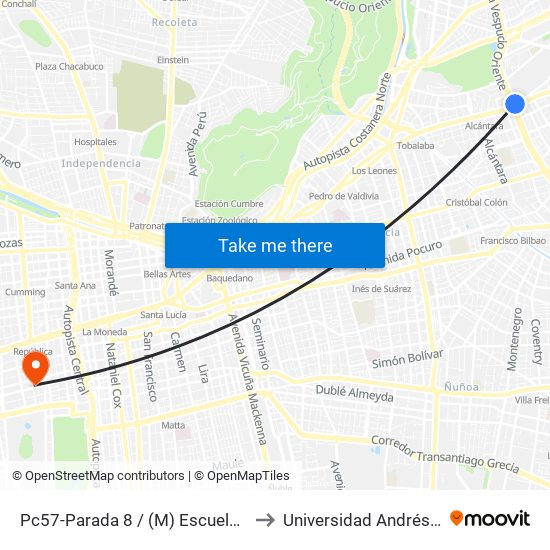 Pc57-Parada 8 / (M) Escuela Militar to Universidad Andrés Bello map