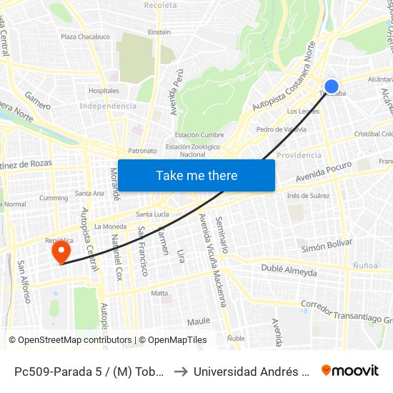 Pc509-Parada 5 / (M) Tobalaba to Universidad Andrés Bello map