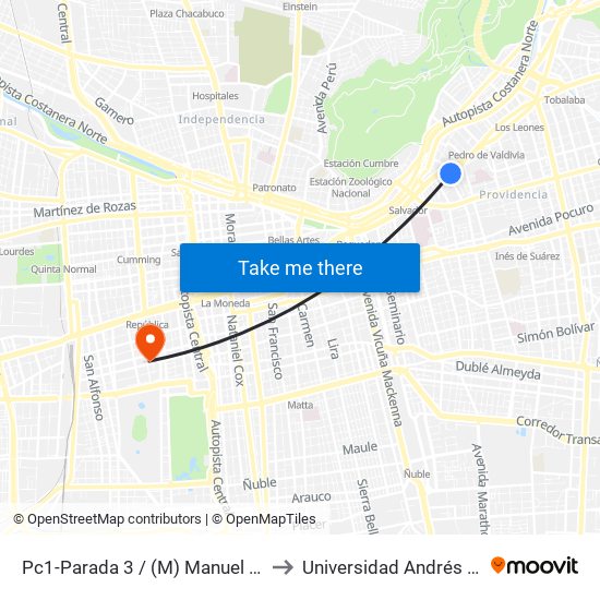 Pc1-Parada 3 / (M) Manuel Montt to Universidad Andrés Bello map