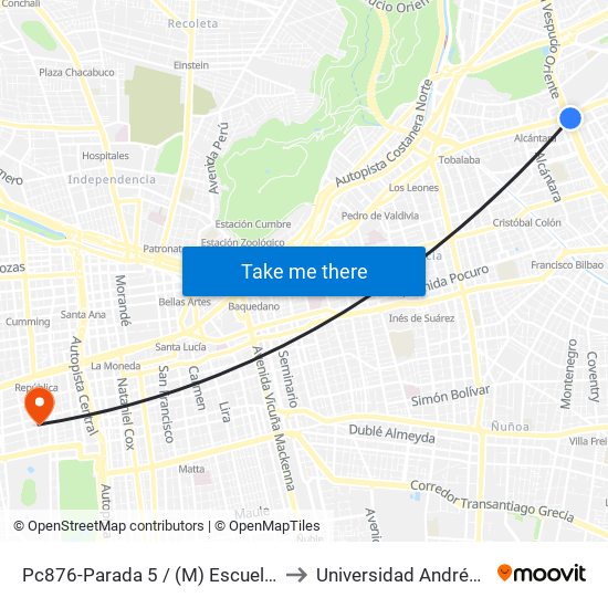 Pc876-Parada 5 / (M) Escuela Militar to Universidad Andrés Bello map