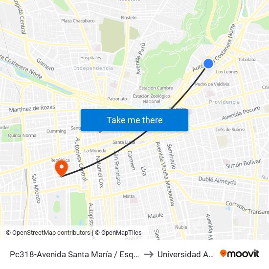 Pc318-Avenida Santa María / Esq. Av. Pedro De Valdivia to Universidad Andrés Bello map