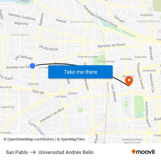 San Pablo to Universidad Andrés Bello map