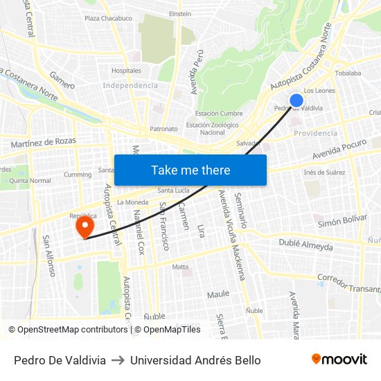 Pedro De Valdivia to Universidad Andrés Bello map