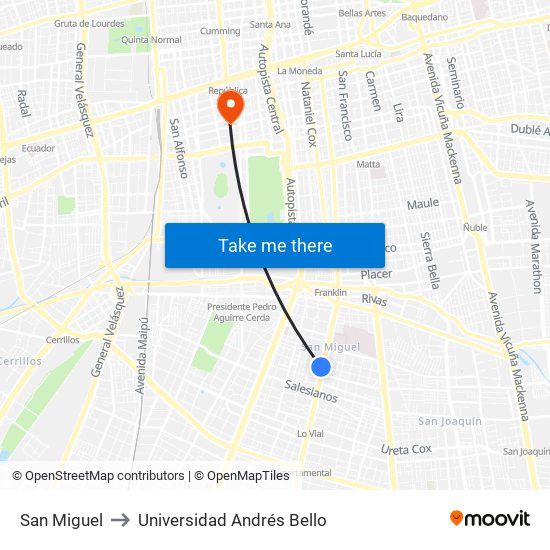 San Miguel to Universidad Andrés Bello map