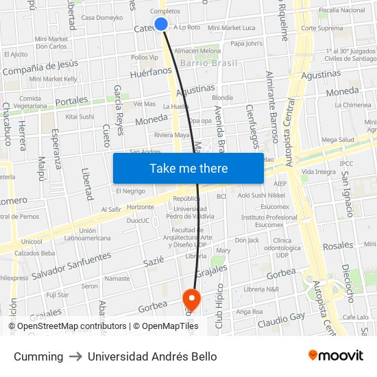 Cumming to Universidad Andrés Bello map