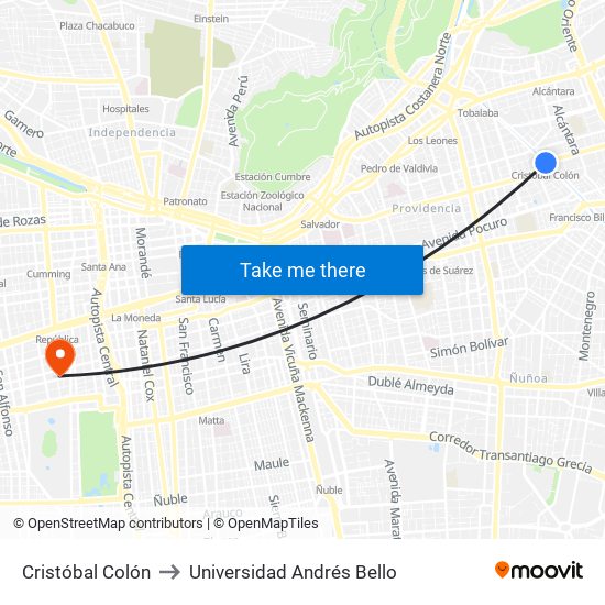 Cristóbal Colón to Universidad Andrés Bello map