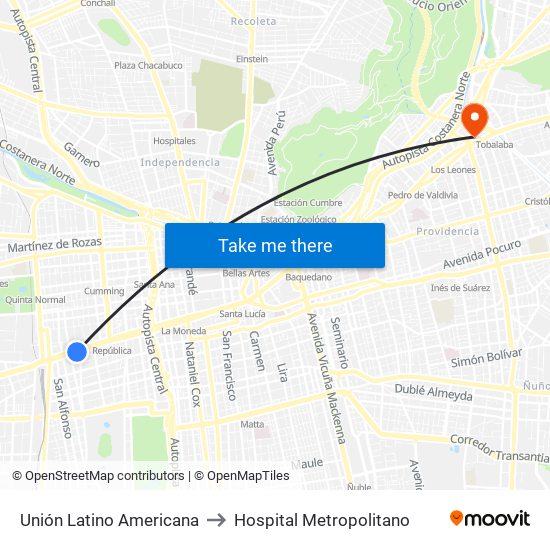 Unión Latino Americana to Hospital Metropolitano map