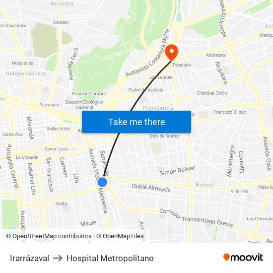 Irarrázaval to Hospital Metropolitano map