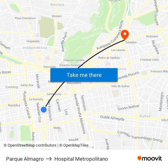 Parque Almagro to Hospital Metropolitano map