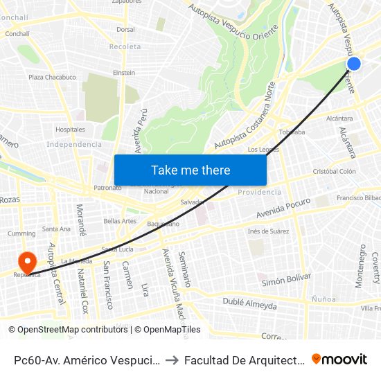 Pc60-Av. Américo Vespucio / Esq. Av. Pdte. Kennedy to Facultad De Arquitectura, Arte Y Diseño Udp map