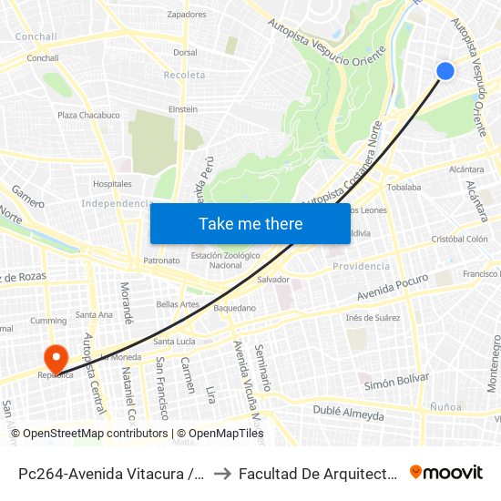 Pc264-Avenida Vitacura / Esq. Alonso De Córdova to Facultad De Arquitectura, Arte Y Diseño Udp map