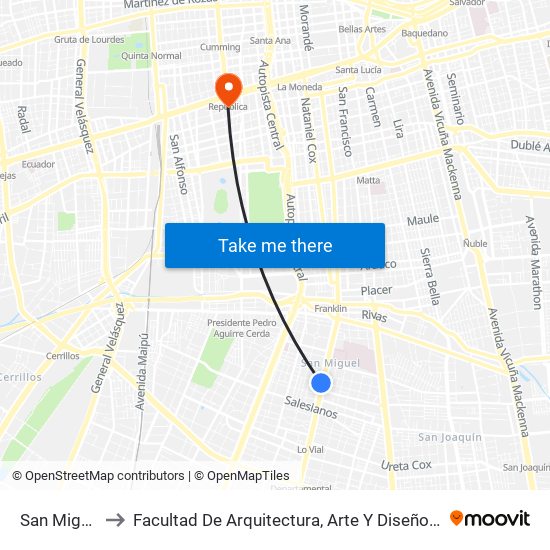 San Miguel to Facultad De Arquitectura, Arte Y Diseño Udp map