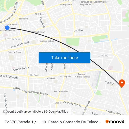Pc370-Parada 1 / (M) Pedro De Valdivia to Estadio Comando De Telecomunicaciones Del Ejército De Chile map