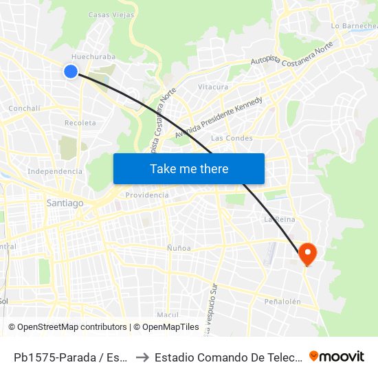 Pb1575-Parada / Est. Intermodal Vespucio Norte to Estadio Comando De Telecomunicaciones Del Ejército De Chile map