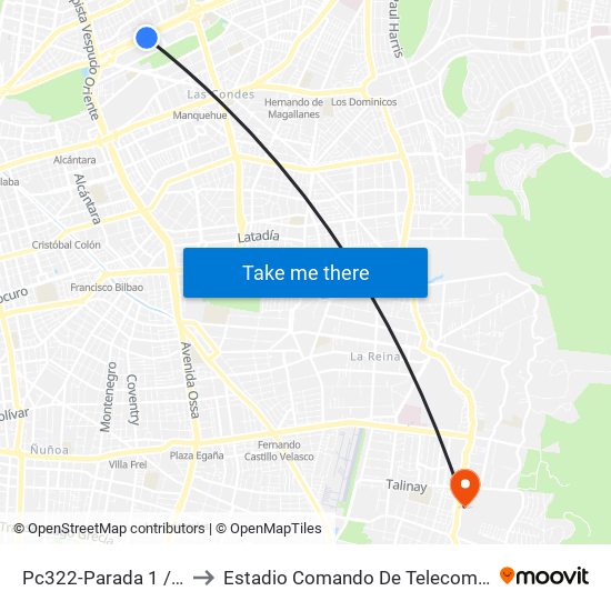 Pc322-Parada 1 / Mall Parque Arauco to Estadio Comando De Telecomunicaciones Del Ejército De Chile map