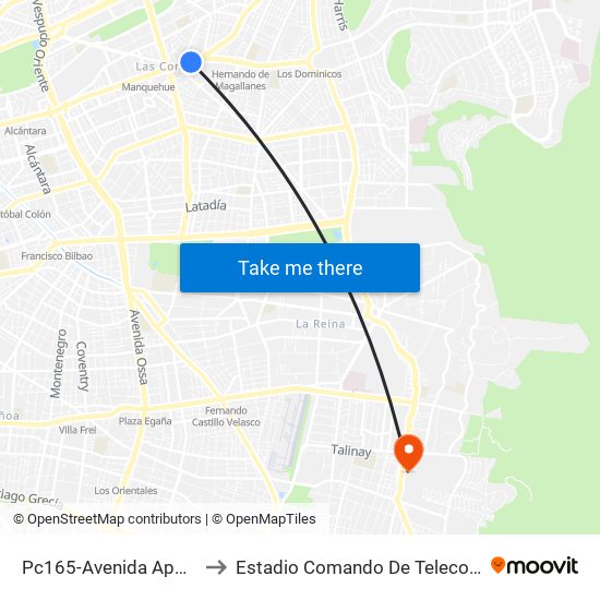 Pc165-Avenida Apoquindo / Esq. E. Dell'Orto to Estadio Comando De Telecomunicaciones Del Ejército De Chile map