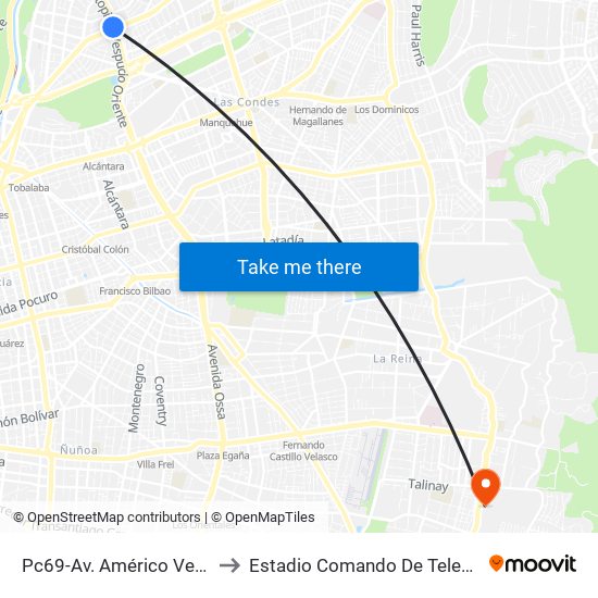 Pc69-Av. Américo Vespucio / Esq. Avenida Vitacura to Estadio Comando De Telecomunicaciones Del Ejército De Chile map