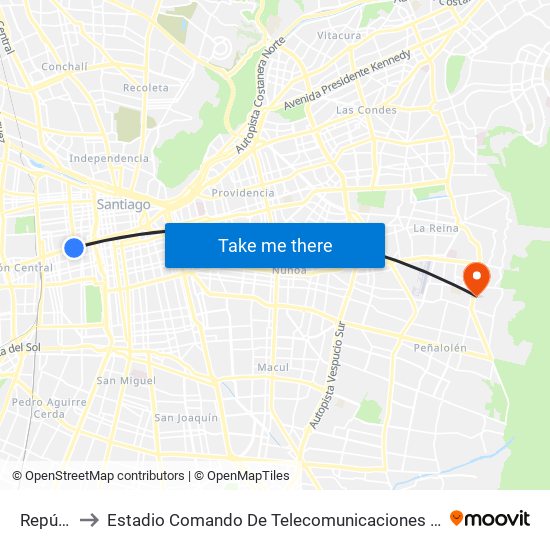 República to Estadio Comando De Telecomunicaciones Del Ejército De Chile map