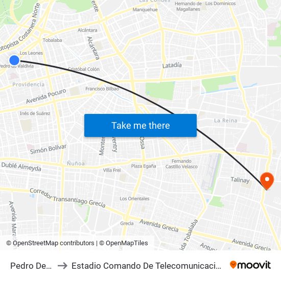Pedro De Valdivia to Estadio Comando De Telecomunicaciones Del Ejército De Chile map