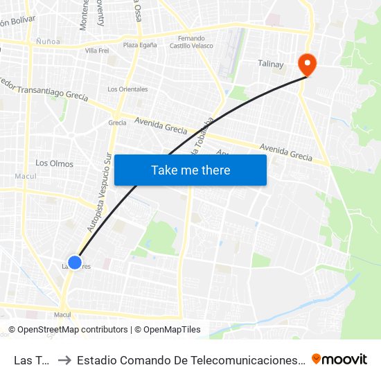 Las Torres to Estadio Comando De Telecomunicaciones Del Ejército De Chile map