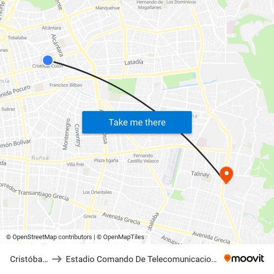 Cristóbal Colón to Estadio Comando De Telecomunicaciones Del Ejército De Chile map